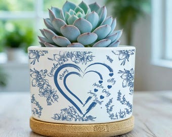 Maceta personalizada con forma de corazón para mamá y abuela, maceta personalizada para la generación de mamá y abuela, maceta de cerámica estilo Toile de Jouy, regalo para el Día de la Madre.