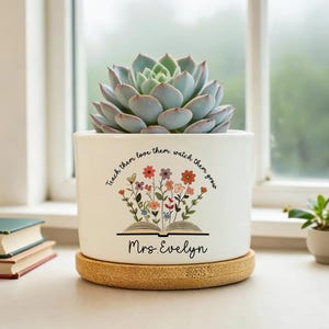 Gepersonaliseerde leraar bloempot, bedankje, boek en bloemen keramische plantenbak
