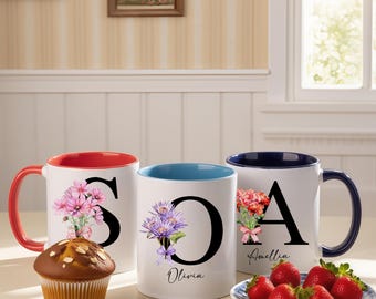 Personalisierte Geburtsblumen-Monogramm-Tasse, individuelle Juni-Geburtsblumen-Tasse, Rose-Geburtstags-Tasse, Partybevorzugung, Brautjungfer-Vorschlag, Muttertag