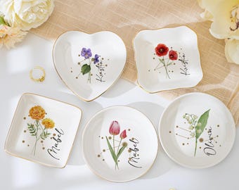 Personalized Birth Flower Ring Dish with Name, Custom Zodiac Sign Jewelry Dish, Wedding Favors, Gift for Her, Bridesmaid Gift, Birthday Gift