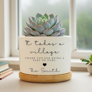 Tack-kruka, personlig uppskattningskruka, det krävs en hel by, mentorpresent, kollegapresent, lärarpresent, grannpresent, födelsedagspresent
