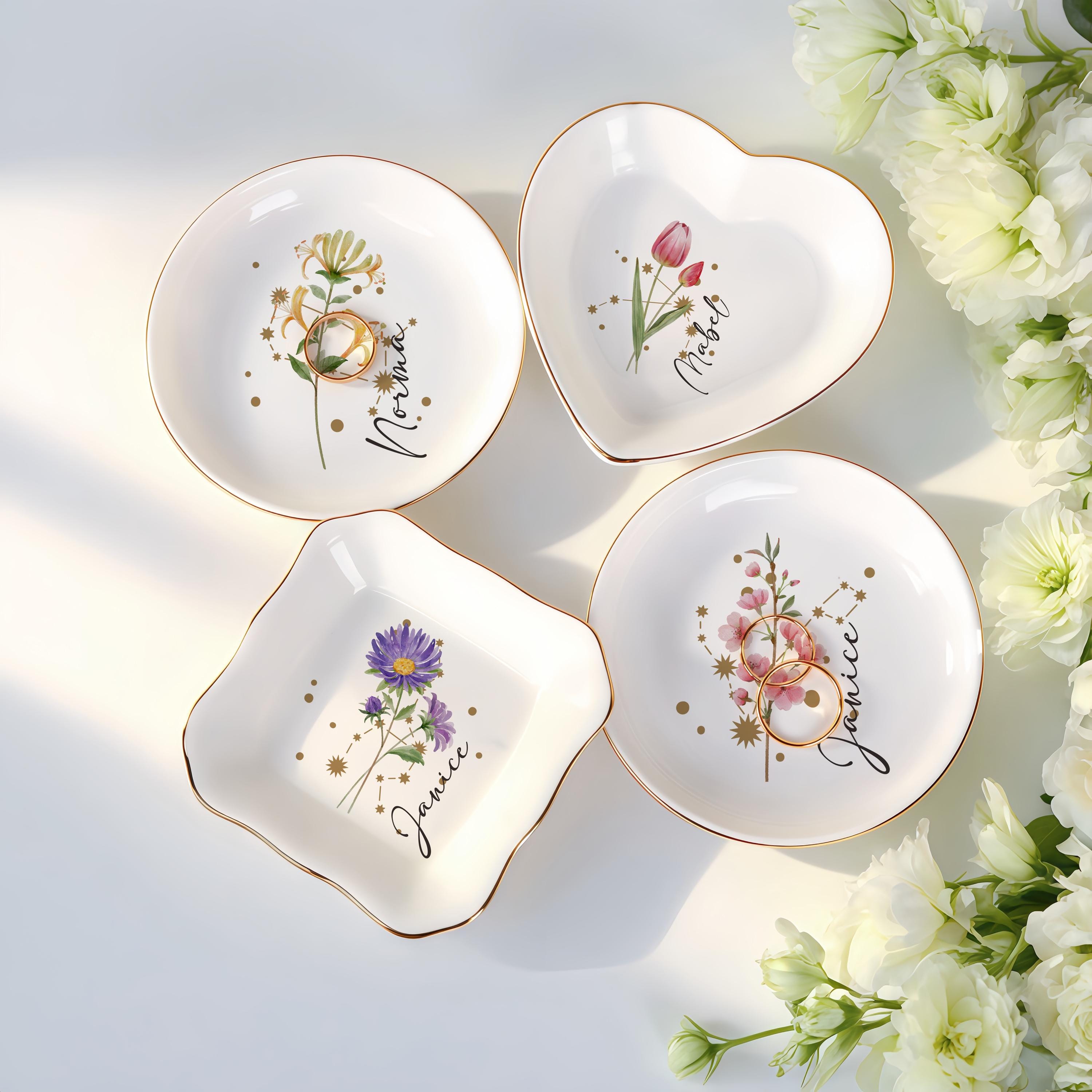 Personalized Birth Flower Jewelry Dish, Custom Zodiac Sign Dish with Name, Wedding Gift, Ring Dish, Bridesmaid Gift, Birthday Gift for Her