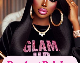 Könnte beinhalten: Eine Frau mit langen schwarzen Haaren und starkem Make-up trägt ein schwarzes Shirt mit dem Wort "GLAM" in pinken Glitzerbuchstaben. Der Text "Product Pricing & Descriptions" ist in pinken Buchstaben auf rosa Hintergrund.