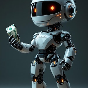 Peut inclure: Un robot blanc et noir tenant une liasse de billets de dollars se tient sur une pile de pièces d'or. Le robot a une grosse tête blanche avec une visière noire et des yeux orange. Le texte "Indépendance financière grâce au No-code et l'IA" est affiché au-dessus du robot.