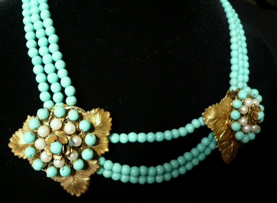 Miriam Haskell Signed Turquoise and Pearl Necklac… - image 2