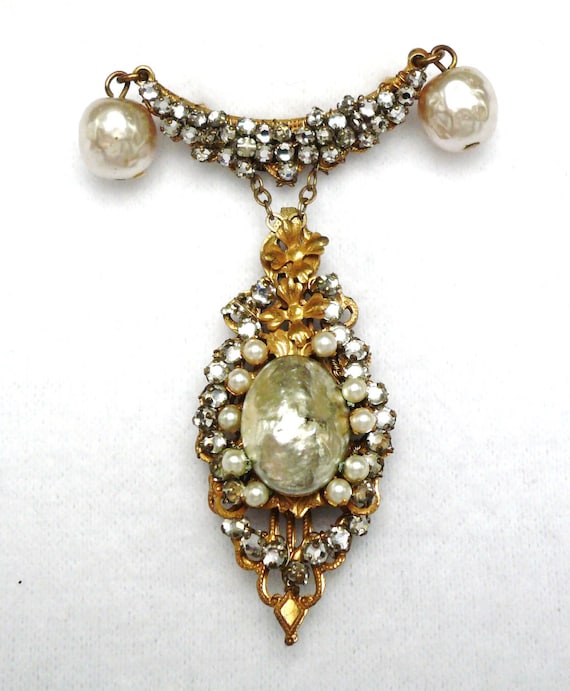 Vintage Miriam Haskell Pearl and Rhinestone Brooch