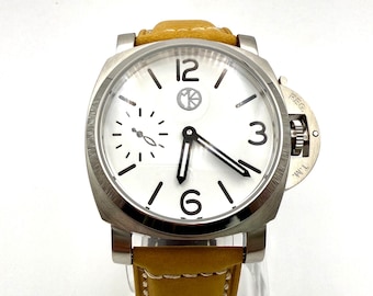 XIXI PAM 44mm Watch: White Dial, Camel Leather Strap, Stainless Steel