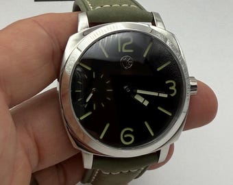 XIXI Time Pieces Naval Model with Black Dial, green lume and Sage green leather band, 42mm