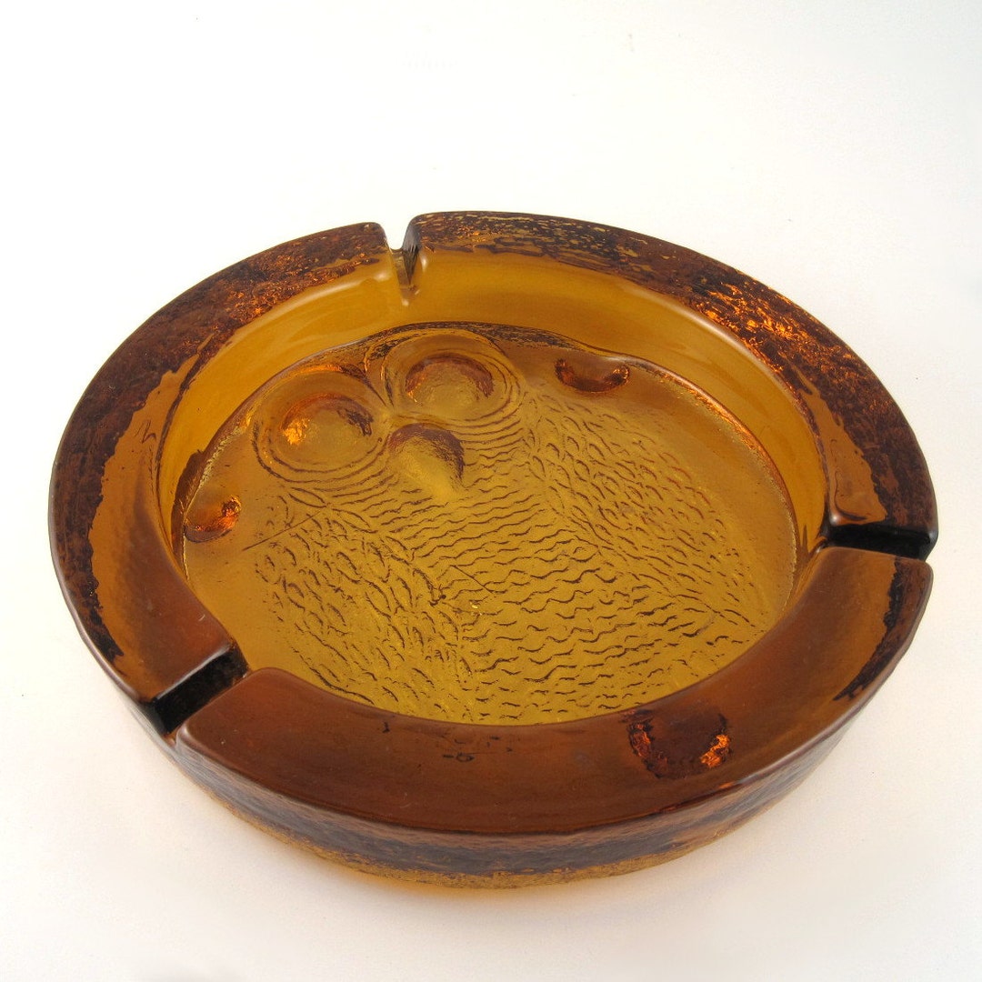 Blenko Amber Glass Owl Ashtray 1970s Glass Ashtray Smoking Accessory