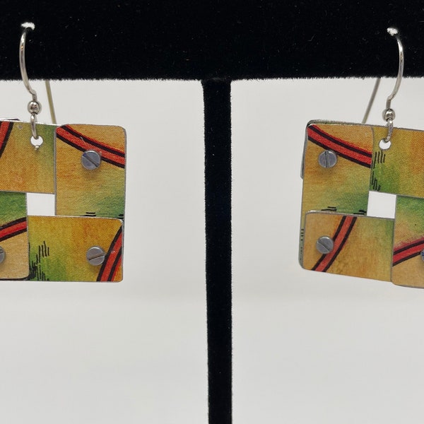 Upcycled Tin Earrings Handmade Rivet Collage Squares Yellow Orange One of a kind