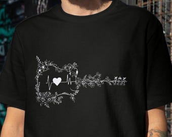 Dibujo lineal de guitarra floral en formato SVG, imágenes prediseñadas, gráficos de guitarra con flores y rosas, guitarra con latido de corazón en formato PNG, naturaleza de instrumentos musicales, descarga digital.