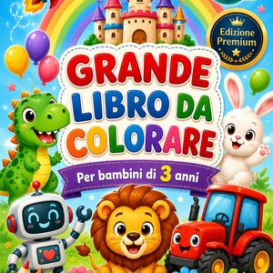 May include: A colourful children's colouring book cover featuring a castle, rainbow, rocket, planet, dinosaur, rabbit, robot, lion, and tractor. The text reads GRANDE LIBRO DA COLORARE, Per bambini di 3 anni, and Fantasia, animali, dinosauri, spazio e tanto divertimento!
