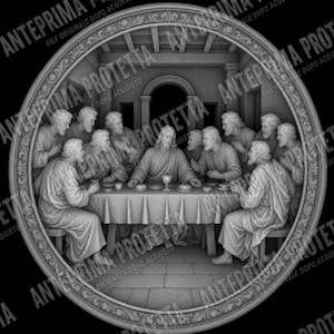 Può includere: Un rilievo monocromatico circolare che raffigura la scena dell'Ultima Cena. Tredici figure sono sedute attorno a un lungo tavolo rettangolare coperto da una tovaglia. La figura centrale è posizionata dietro un calice, con sei figure su ogni lato.