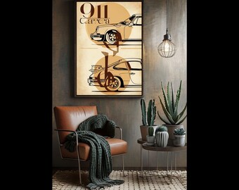 Póster vintage de Porsche, arte mural de Porsche, póster de Porsche 911 Carrera, póster de Porsche estilo Black Line