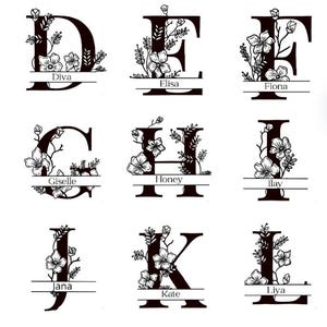 Op de afbeelding: Een set van 12 zwarte en witte bloemmotieven met namen gedrukt onder elke letter. De letters zijn A, B, C, D, E, F, G, H, I, J, K, L, M, N en O.