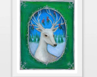 Christmas Art Print, White Deer Art, Christmas Printable, Maximalism Winter Holiday Decor, Christmas Decor, Christmas Wall Art,
