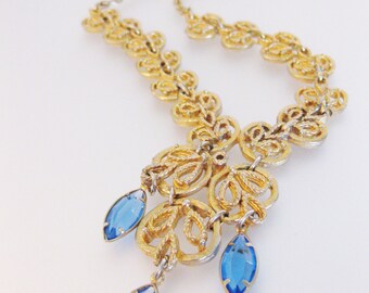 Vintage 1950's Blue Faceted Glass Leaf Design HMS Necklace