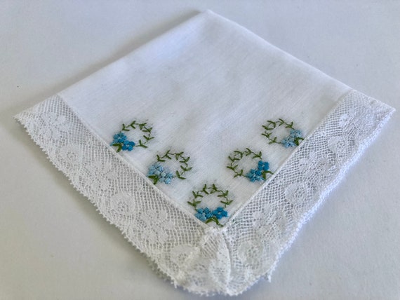 Vintage White Cotton Blue Embroidered Hankie - image 8