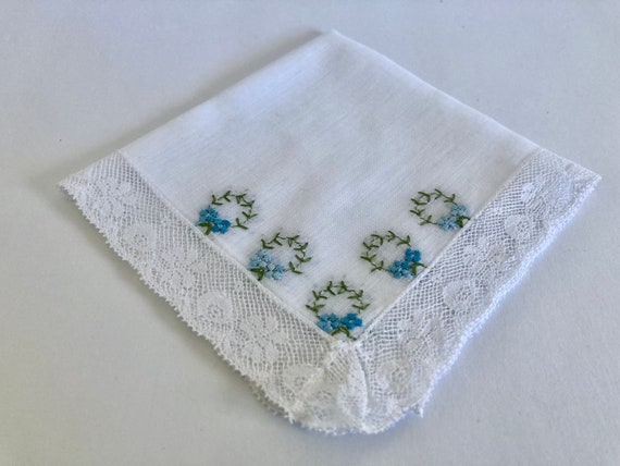 Vintage White Cotton Blue Embroidered Hankie - image 6