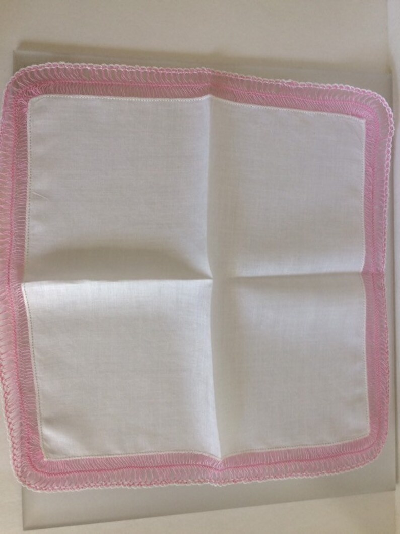 Bridal Hanky White Cotton Ladies Hankie Vintage 1950s Pink Hairpin Lace Edge Hankie