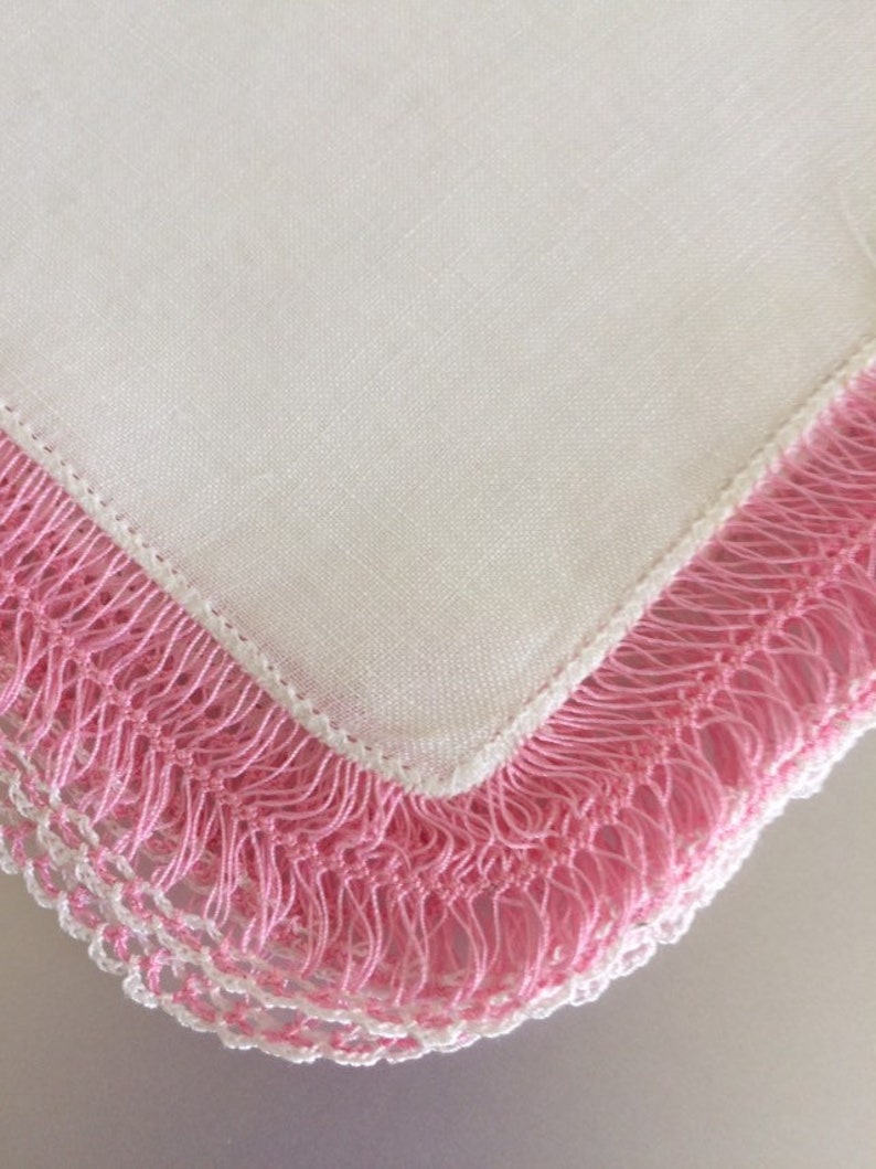 Bridal Hanky White Cotton Ladies Hankie Vintage 1950s Pink Hairpin Lace Edge Hankie