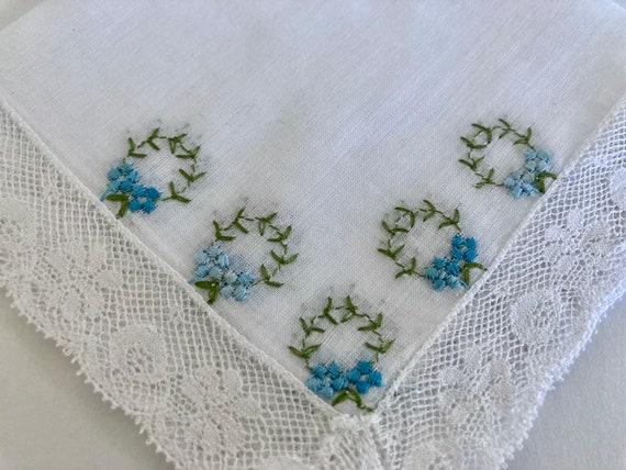 Vintage White Cotton Blue Embroidered Hankie - image 7