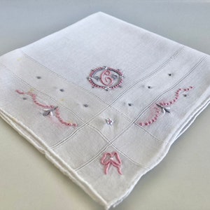 Vintage White Cotton Pink Initial C Hankie