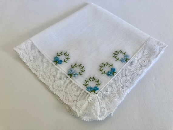 Vintage White Cotton Blue Embroidered Hankie - image 10