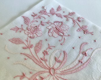 Vintage White Cotton Pink Applique Ladies Hankie