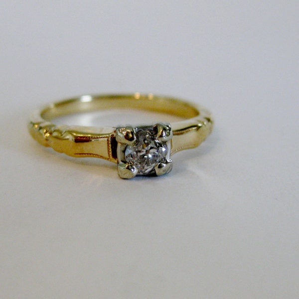 Vintage Deco Diamond Solitaire Engagement  Ring 14K Yellow Gold