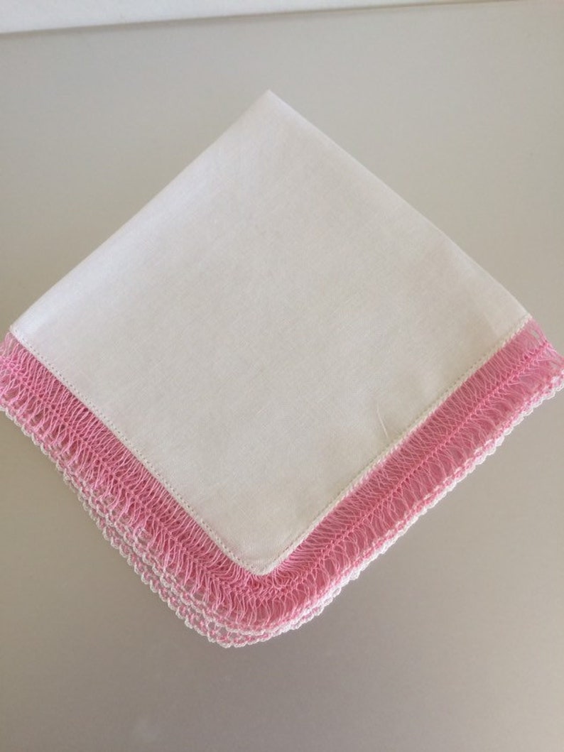 Bridal Hanky White Cotton Ladies Hankie Vintage 1950s Pink Hairpin Lace Edge Hankie
