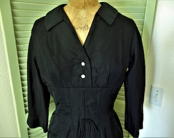 Vintage 1950s Black Cotton Blend Work Dress: Rhinestone Buttons, Size M