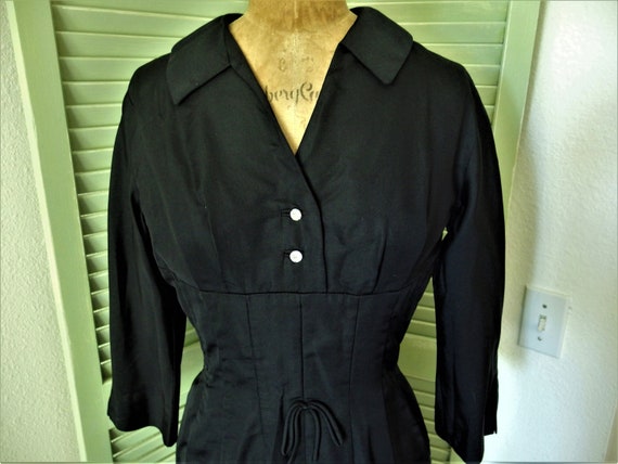 Vintage 1950s Black Cotton Blend Work Dress: Rhinestone Buttons, Size M