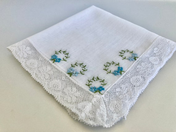 Vintage White Cotton Blue Embroidered Hankie - image 3