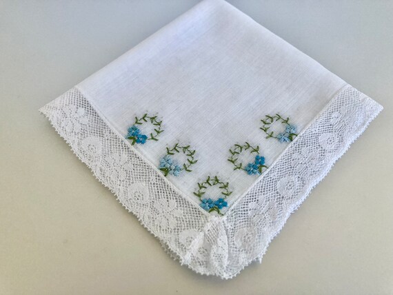 Vintage White Cotton Blue Embroidered Hankie - image 4