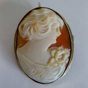 Vintage 1930&#39;s Carved Shell Cameo Brooch