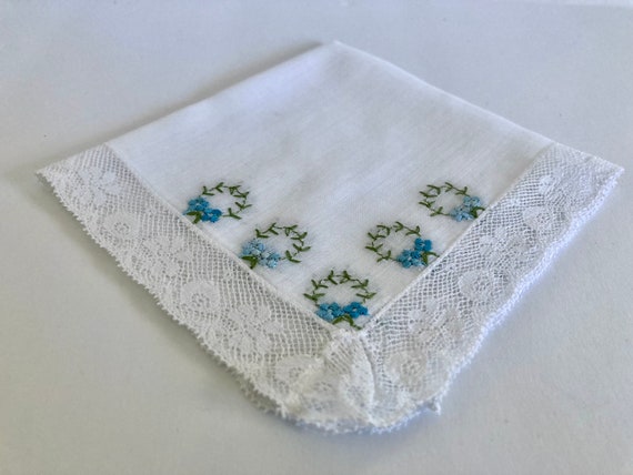 Vintage White Cotton Blue Embroidered Hankie - image 5