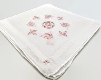 Vintage White Cotton Linen Pink Embroidered Initial G Hankie