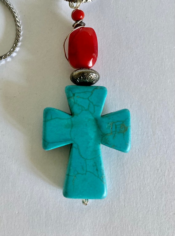 Vintage Faux Turquoise and Coral Pendant Necklace - image 1