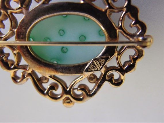 Vintage 1960's  Faux Carved Jade Brooch Luster - image 5