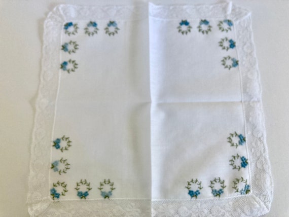 Vintage White Cotton Blue Embroidered Hankie - image 9