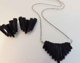 Vintage Deco Style Black Glass and Sterling Necklace Earring Set Italie