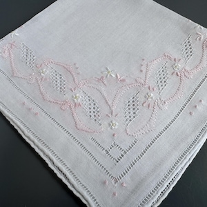 Vintage White Cotton Linen Pink Applique Hankie