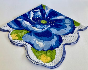 Vintage 1950's Large Navy Blue White Floral Ladies Hankie