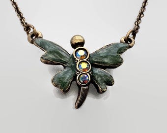 Vintage Green Enamel Butterfly Pendant Necklace 1928