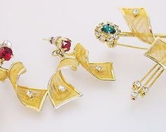 Conjunto de broche y pendientes vintage de malla y diamantes de imitación modernos de los años 60