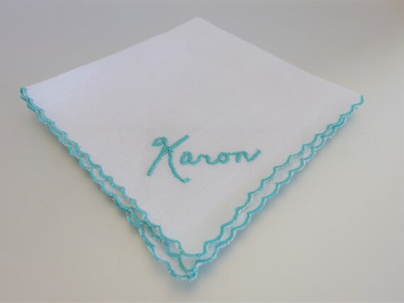 Vintage 1960's Teal Embroidered Name Karon Hankie Han… - Gem