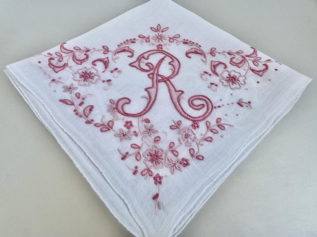Vintage White Cotton Embroidered Pink Initial R Hankie - Etsy