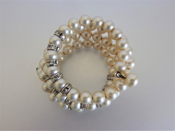 Vintage Faux Pearl and Rhinestone Wire Bracelet - image 2