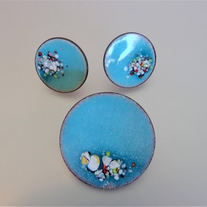 Vintage 1950&#39;s Copper Enamel Brooch & Earring Set